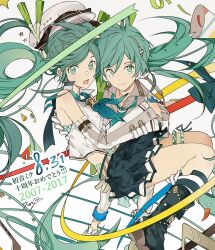 2girls absurdly_long_hair anniversary aqua_eyes aqua_hair artist_request bare_shoulders belt black_bow black_footwear black_socks blue_neckerchief blue_necktie blue_skirt boots bow buttons carrying check_artist closed_mouth collared_shirt commentary_request confetti detached_sleeves dot_nose dual_persona feet_out_of_frame fingernails floating_clothes floating_hair full_body hair_between_eyes hand_on_another's_shoulder hat hat_bow hatsune_miku highres hip_tattoo kneehighs long_hair long_sleeves looking_at_viewer lower_teeth_only midriff miniskirt multiple_girls neckerchief necktie number_tattoo official_art open_mouth pants pleated_skirt princess_carry sailor_hat second-party_source shirt shoes skirt smile socks spring_onion streamers striped_belt striped_clothes striped_necktie striped_socks suou_(sdurorhr) tattoo teeth translation_request twintails two-tone_socks very_long_hair vocaloid white_background white_belt white_footwear white_hat white_headphones white_pants white_shirt white_socks