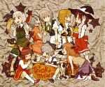  animal_ears bad_id blue_hair broom brown_hair cat_ears cat_tail chen cirno dog_ears earrings eating food ghost hakurei_reimu hal_(artist) halloween hat hitodama horns ibuki_suika inu_sakuya izayoi_sakuya japanese_clothes jewelry kemonomimi_mode kirisame_marisa konpaku_youmu konpaku_youmu_(ghost) long_hair miko myon pumpkin remilia_scarlet ribbon ribbons school_uniform short_hair silver_hair star tail touhou twintails wings 