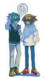  2boys ? blue_hair brown_eyes brown_footwear brown_hair collared_shirt commentary_request denim full_body green_eyes grey_pants hair_between_eyes hand_on_own_head hands_in_pockets highres holding holding_phone hood hoodie jeans johan_andersen long_sleeves male_focus miaivz multiple_boys pants phone red_footwear shirt shoes short_hair simple_background sneakers speech_bubble spiky_hair standing sweat sweater_vest white_background white_hoodie yu-gi-oh! yu-gi-oh!_gx yuki_judai 