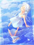 closed_eyes cloud condensation_trail dress headphones long_hair man_(trance) original petals reflection ripples see-through silver_hair sky solo standing_on_water sundress water 