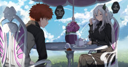  1boy 1girl absurdres black_capelet black_dress blush book breasts bug butterfly butterfly_hair_ornament cake capelet chair colored_eyelashes commentary crossover dress echidna_(re:zero) emiya_shirou fate/stay_night fate_(series) flower food green_butterfly hair_between_eyes hair_ornament highres igote large_breasts long_hair long_sleeves looking_at_viewer on_chair plate re:zero_kara_hajimeru_isekai_seikatsu redhead shokobr sitting smile table vase white_eyelashes white_hair 