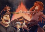  bonfire brown_hair character_request craft_lawrence hand_holding happy highres holding_hands holo long_hair night red_eyes spice_and_wolf tail translation_request wink 