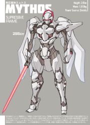  absurdres beam_saber commentary_request full_body grey_background highres holding holding_sword holding_weapon kopaka_(karda_nui) mecha original robot solo standing sword translation_request two-tone_background weapon white_background 