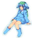  bag blue_eyes blue_hair blush cucumber hat higashi_yuzu kawashiro_nitori key touhou twintails 