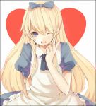  alice alice_(wonderland) alice_(wonderland)_(cosplay) alice_in_wonderland bad_id blonde_hair blue_eyes cosplay heart kuma_(persona_4) long_hair male persona persona_4 ribbon ribbons solo tetsuo trap wink 