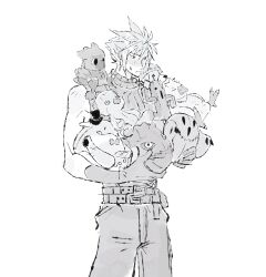  1boy belt blush bomb_(final_fantasy) chocobo cloud_strife fat_chocobo final_fantasy final_fantasy_vii final_fantasy_vii_rebirth final_fantasy_vii_remake ghost greyscale hair_between_eyes hat highres holding holding_stuffed_toy jaysoysaucee male_focus mini_hat monochrome moogle multiple_belts sabotender short_hair single_bare_shoulder sleeveless sleeveless_turtleneck solo spiky_hair stamp_(ff7) stuffed_toy sweatdrop turtleneck white_background 