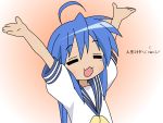  arms_up blue_hair closed_eyes highres izumi_konata long_hair lucky_star open_mouth school_uniform translated translation_request vector_trace wallpaper 