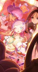  3girls ^_^ applying_makeup black_hair bright_pupils closed_eyes closed_mouth cosmetics dark-skinned_female dark_skin dendra_(pokemon) ffccll flittle floating green_eyes highres lipstick lipstick_tube looking_at_mirror makeup mature_female miriam_(pokemon) mirror multiple_girls one_eye_closed pink_hair pink_lips pink_nails pokemon pokemon_sv psychic smile sparkle tulip_(pokemon) white_pupils 