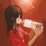  1girl black_hair bottle drinking hair_ornament hairclip highres holding holding_bottle long_hair original profile red_background red_shirt shirt short_sleeves solo tifg39 upper_body water water_bottle 