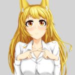  animal_ears blonde_hair blush embarrassed eyebrows_visible_through_hair fingers_together fox_ears fox_girl grey_background highres original shirt simple_background tagme user_apj5854 white_shirt 