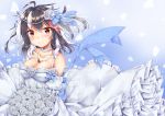  1girl absurdres ahoge akiteru98 bangs bare_shoulders beads black blue_background blue_ribbon blush bouquet breasts choker cleavage collarbone commentary_request detached_sleeves dress eyebrows_visible_through_hair flower frills gradient gradient_background grin hair_between_eyes hair_flower hair_ornament hair_ribbon highres holding holding_bouquet holding_flower horns jewelry kijin_seija long_hair long_sleeves looking_at_viewer multicolored_hair pendant petals red_eyes ribbon rose rose_petals smile solo spaghetti_strap streaked_hair touhou wedding_dress white_choker white_dress white_flower white_hair white_rose 