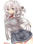  1girl blue_eyes breasts cowboy_shot grey_shirt grey_skirt highres jacket kantai_collection kashima_(kantai_collection) large_breasts long_sleeves looking_at_viewer miniskirt neckerchief open_clothes open_jacket open_mouth pleated_skirt red_neckwear shirt sidelocks silver_hair simple_background skirt smile solo standing takase_muu tsurime twintails undressing wavy_hair white_background white_jacket 