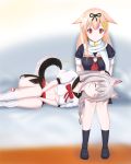 animal_ears azur_lane black_ribbon blonde_hair braid breasts closed_eyes clothing_request commentary_request dog_ears dog_tail hair_ornament hair_ribbon highres kantai_collection lap_pillow long_hair looking_at_another red_eyes red_ribbon ribbon school_uniform silver_hair simple_background single_braid socks solakaki tail thighs under_boob white_background yuudachi_(azur_lane) yuudachi_(kantai_collection) 