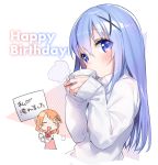  2girls :d bangs blue_eyes blue_hair blush blush_stickers bow closed_eyes commentary_request cup eyebrows_visible_through_hair gochuumon_wa_usagi_desu_ka? hair_between_eyes hair_ornament hairclip hands_up happy_birthday head_tilt highres holding holding_cup holding_sign hoto_cocoa kafuu_chino light_brown_hair long_hair long_sleeves looking_at_viewer looking_to_the_side multiple_girls open_mouth parted_lips pink_vest rabbit_house_uniform red_bow shirt sign sleeves_past_wrists smile steam sweater tousaki_shiina uniform very_long_hair vest waitress white_background white_shirt white_sweater x_hair_ornament 
