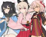  3girls atsumisu bangs black_bow black_gloves black_hair black_jacket black_scarf blonde_hair blush bow breasts brown_eyes character_name chloe_von_einzbern cleavage closed_mouth collarbone commentary_request cosplay cowboy_shot dress eyebrows_visible_through_hair fate/grand_order fate/kaleid_liner_prisma_illya fate_(series) folded_ponytail gloves hair_between_eyes hair_bow hair_ornament hairclip hakama haori head_tilt high_ponytail holding holding_sheath holding_sword holding_weapon illyasviel_von_einzbern jacket japanese_clothes katana kimono koha-ace long_hair long_sleeves looking_at_viewer miyu_edelfelt multiple_girls obi okita_souji_(alter)_(fate) okita_souji_(alter)_(fate)_(cosplay) okita_souji_(fate) okita_souji_(fate)_(all) okita_souji_(fate)_(cosplay) petals pink_hair pink_kimono ponytail red_bow red_dress red_eyes red_hakama sash scarf shadow sheath short_kimono short_sleeves sidelocks simple_background small_breasts smile sword tassel translated unsheathing weapon white_background white_kimono wide_sleeves 