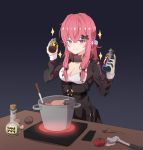  1girl breasts chicken_(food) cleavage dark_background food girls_frontline hair_ornament hayarob highres k31_(girls_frontline) ladle melting pink_hair poison pot potato radioactive smile solo stove tomato twintails violet_eyes wooden_spoon 