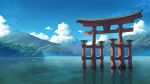  badriel blue_sky clouds forest highres itsukushima_shrine mountain nature no_humans original real_world_location reflection scenery sky torii water 