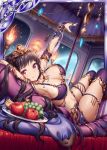  1girl akkijin apple armpits banana bikini black_hair boots breasts card_(medium) cleopatra_(valkyrie_crusade) couch crown dish egyptian food from_side fruit full_moon grapes hair_ornament hand_up long_hair looking_at_viewer looking_back lying medium_breasts moon night night_sky official_art pillow red_eyes shinkai_no_valkyrie sideboob sky solo swimsuit tan tanline thigh-highs tiara uraeus 