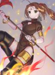  1girl absurdres ahoge boots brown_eyes brown_hair china_dress chinese_clothes dress facial_mark fate/grand_order fate_(series) fire fishnet_pantyhose fishnets flying forehead_mark highres kaerude123 nezha_(fate/grand_order) pantyhose polearm scrunchie smile spear thigh-highs thigh_boots twintails weapon 