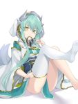  100 1girl absurdres aqua_hair ass bangs barefoot blush breasts commentary_request dragon_girl dragon_horns fate/grand_order fate_(series) green_eyes hair_between_eyes hair_tie_in_mouth highres hood horns japanese_clothes kimono kiyohime_(fate/grand_order) knees_up leg_up long_hair long_sleeves looking_at_viewer mouth_hold no_shoes obi pelvic_curtain sash shadow sidelocks simple_background single_thighhigh sitting small_breasts solo sweatdrop thigh-highs very_long_hair white_background white_kimono white_legwear wide_sleeves 