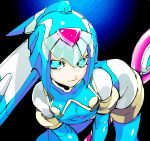  1girl android bent_over blue_eyes bodysuit elbow_gloves gloves helmet leviathan_(rockman) rockman rockman_zero simple_background smile solo thigh-highs weapon zakki 