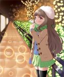  1girl absurdres bangs black_legwear blue_shirt blurry blurry_background blush brown_coat brown_eyes brown_hair bush coat commentary_request depth_of_field eyebrows_visible_through_hair green_scarf green_skirt hand_up hat highres idolmaster idolmaster_cinderella_girls kamiya_nao long_hair long_sleeves looking_at_viewer open_clothes open_coat outdoors parted_lips plaid plaid_skirt pleated_skirt railing roido_(taniko-t-1218) scarf shirt skirt solo standing thigh-highs very_long_hair white_hat 