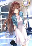  1girl arms_behind_back bag bangs blue_eyes blue_jacket brown_hair clock cover cover_page cropped dress hair_ornament hair_scrunchie handbag jacket jewelry long_hair looking_at_viewer necklace novel_cover official_art scrunchie smile standing very_long_hair white_dress 