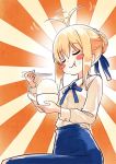  1girl :t ahoge ahoge_wag artoria_pendragon_(all) bangs blonde_hair blue_neckwear blue_ribbon blue_skirt bowl braid chopsticks closed_eyes closed_mouth collared_shirt commentary_request eating expressive_hair eyebrows_visible_through_hair fate/stay_night fate_(series) food food_on_face hair_bun hair_ribbon happy holding long_sleeves looking_at_viewer miruto_netsuki ribbon rice rice_bowl saber shirt skirt smile solo white_shirt wing_collar 