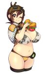  1girl :t absurdres animal_print belly bra breasts brown_eyes brown_hair cleavage cow_print cropped_legs eating eyebrows_visible_through_hair food goggles goggles_on_head handler_(monster_hunter_world) highres huge_breasts legs_together looking_at_viewer monster_hunter monster_hunter:_world navel one_eye_closed panties plump sandwich shiny shiny_skin short_hair simple_background skindentation slugbox smile solo standing stomach sweat thick_thighs thigh-highs thighs underwear white_background 
