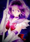  1girl back_bow bishoujo_senshi_sailor_moon bow bowtie choker collarbone elbow_gloves gloves hana_(haruharu-michimichi83) looking_at_viewer parted_lips pleated_skirt purple_hair purple_sailor_collar purple_skirt red_bow red_neckwear sailor_collar sailor_saturn sailor_senshi_uniform shirt short_hair skirt sleeveless sleeveless_shirt solo upper_body violet_eyes white_gloves white_shirt 