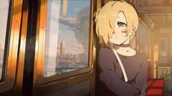  1girl asymmetrical_hair black_shirt blonde_hair brown_eyes choker cityscape commentary ear_piercing earrings idolmaster idolmaster_cinderella_girls jewelry long_sleeves looking_out_window piercing shirasaka_koume shirt short_hair sleeves_past_wrists strap train_interior twilight waterkuma window 