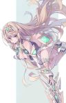  1girl armor bangs blonde_hair blush breasts cleavage cleavage_cutout elbow_gloves gem gloves headpiece highres mythra_(xenoblade) holding holding_weapon huanxiang_huifeng large_breasts long_hair looking_at_viewer nintendo pleated_skirt serious skirt solo swept_bangs tiara weapon xenoblade_(series) xenoblade_2 yellow_eyes 