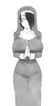  1girl breasts commentary english_commentary greyscale habit hair_over_one_eye huge_breasts interlocked_fingers long_sleeves looking_at_viewer monochrome nun original robe saya_(twrlare) short_hair smile solo twrlare 