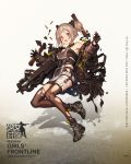  1girl bangs black_coat black_footwear black_gloves black_legwear blush boots breasts bullet bullpup character_name choker coat damaged double_bun full_body gas_mask girls_frontline gloves gun hair_ornament highres holding holding_gun holding_weapon light_brown_hair lm7_(op-center) looking_at_viewer magazine_(weapon) off_shoulder official_art open_clothes open_coat open_mouth p90 p90_(girls_frontline) partly_fingerless_gloves pouch red_eyes scope short_hair sidelocks snap-fit_buckle solo strap strapless submachine_gun thigh-highs thigh_strap torn_clothes tubetop weapon zipper_footwear 