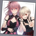  2girls alternate_costume bangs blonde_hair blue_eyes blush breasts cleavage cleavage_cutout dress eyebrows_visible_through_hair fingerless_gloves girls_frontline gloves hair_between_eyes hair_ornament holding holding_another&#039;s_arm holding_microphone long_hair looking_at_viewer m4_sopmod_ii_(girls_frontline) microphone multiple_girls one_eye_closed open_mouth phone_screen pink_hair red_eyes side_ponytail simple_background skirt sleeveless sleeveless_dress smile st_ar-15_(girls_frontline) strap ten_cws v white_background 