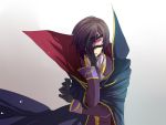  1boy black_cape black_gloves black_hair cape clenched_teeth code_geass geass gloves gradient gradient_background hand_over_face highres lelouch_lamperouge long_sleeves looking_at_viewer male_focus purple_shirt roman_buriki shirt solo tears teeth 