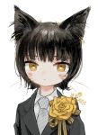  1girl animal_ears black_hair blush cat_ears cat_girl flower formal necktie original portrait short_hair solo suit whiskers white_background yellow_eyes zinbei 