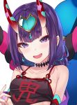  1girl :d bangs bare_shoulders breasts collarbone commentary dudou earrings english_commentary eyebrows_visible_through_hair fangs fate/grand_order fate_(series) fingernails hand_up head_tilt headpiece heart hitsukuya horns jewelry oni oni_horns open_mouth purple_hair short_eyebrows shuten_douji_(fate/grand_order) shuten_douji_(halloween)_(fate) simple_background small_breasts smile solo thick_eyebrows upper_body violet_eyes white_background 
