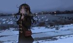  1girl absurdres ahoge bag bird black_hair blue_eyes breath commentary finger_to_mouth goose handbag highres jacket long_hair night original outdoors ribbed_sweater scenery shushing snow sweater turtleneck turtleneck_sweater winter zinbei 