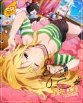  blonde_hair blush green_eyes hoshii_miki idolmaster idolmaster_million_live! idolmaster_million_live!_theater_days long_hair shirt wink 