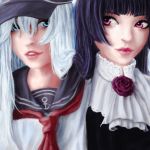  2girls anchor_symbol bangs black_hair blackreven blue_eyes blue_hair flat_cap flower gokou_ruri gothic_lolita hair_between_eyes hat hibiki_(kantai_collection) hime_cut kantai_collection lolita_fashion long_hair multiple_girls open_eyes ore_no_imouto_ga_konna_ni_kawaii_wake_ga_nai outdoors rose violet_eyes 