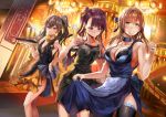  3girls alcohol alternate_costume alternate_hairstyle bangs bare_shoulders black_dress black_legwear blue_dress blush breasts brown_hair champagne_flute chandelier choker cleavage cup dress dress_lift drinking_glass eyebrows_visible_through_hair girls_frontline green_eyes groin hair_between_eyes hair_ornament hair_ribbon himuro_(dobu_no_hotori) holding holding_tray indoors large_breasts lifted_by_self long_hair looking_at_viewer m1903_springfield_(girls_frontline) medium_breasts multiple_girls one_side_up open_mouth ponytail purple_hair red_eyes ribbon scar scar_across_eye sidelocks sleeveless sleeveless_dress smile thigh-highs tray ump45_(girls_frontline) very_long_hair wa2000_(girls_frontline) yellow_eyes 