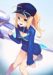  1girl :d ahoge aqua_eyes arm_support artoria_pendragon_(all) bangs blonde_hair blue_hat blue_sweater blush breasts cleavage cleavage_cutout commentary_request eyebrows_visible_through_hair fate/grand_order fate_(series) feet_out_of_frame flat_cap hair_between_eyes hair_through_headwear hand_up hat highres leaning_forward long_hair long_sleeves looking_at_viewer medium_breasts meme_attire mysterious_heroine_xx_(foreigner) open-chest_sweater open_mouth ponytail reflection ribbed_sweater sitting sleeves_past_wrists smile solo soupchan sweater 