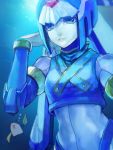  1girl android blue_eyes breasts gloves helmet leviathan_(rockman) medium_breasts pale_skin rockman rockman_zero sanmahamati solo underwater upper_body white_gloves 