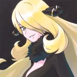 1girl black_background black_dress blonde_hair commentary_request creatures_(company) cynthia_(pokemon) dress fur_collar game_freak green_eyes grin hair_ornament hair_over_one_eye looking_at_viewer nintendo one_eye_covered pokemon reiesu_(reis) simple_background smile solo upper_body