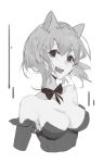  1girl :d absurdres animal_ears bangs bare_shoulders blush bow bowtie breasts cat_ears cropped_torso elbow_gloves fang gloves greyscale highres kuroduki_(pieat) leotard looking_at_viewer medium_breasts monochrome open_mouth original short_hair smile solo upper_body 