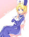  1girl absurdres blonde_hair blue_eyes capelet closed_mouth commentary_request copyright_request dress habit hat highres kawasumi_(tk2k_jade) long_dress long_sleeves looking_at_viewer purple_capelet purple_dress short_hair sitting solo 