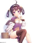  1girl ahoge asymmetrical_legwear azur_lane bamboo_steamer baozi blush breasts brown_hair brown_legwear china_dress chinese_clothes cleavage cleavage_cutout closed_mouth commentary_request dress feet_out_of_frame food fur-trimmed_hood hair_rings hairpods hand_up highres holding holding_food hood hood_down hooded_jacket jacket licking_lips long_sleeves looking_at_viewer medium_breasts ning_hai_(azur_lane) off_shoulder pelvic_curtain purple_dress shadow single_thighhigh sitting smile solo suya2mori2 thigh-highs tongue tongue_out twitter_username v-shaped_eyebrows violet_eyes white_background white_jacket 