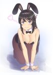  1girl all_fours animal_ears black_hair black_leotard black_neckwear bow bowtie breasts brown_legwear bunny_girl bunnysuit cleavage detached_collar hair_ornament hairclip highres kusubii large_breasts leotard long_hair looking_at_viewer pantyhose rabbit_ears sakurajima_mai seishun_buta_yarou simple_background smile solo strapless strapless_leotard violet_eyes white_background wrist_cuffs 