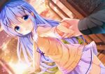 1boy 1girl :d bangs blue_eyes blue_hair blue_ribbon blurry blurry_foreground blush chinomaron commentary_request depth_of_field gochuumon_wa_usagi_desu_ka? hair_between_eyes hair_ornament holding_hands kafuu_chino long_hair neck_ribbon open_door open_mouth out_of_frame pleated_skirt pov pov_hands ribbon sailor_collar school_uniform serafuku signature skirt smile solo_focus sunset sweater twitter_username very_long_hair white_legwear white_sailor_collar white_skirt x_hair_ornament yellow_sweater